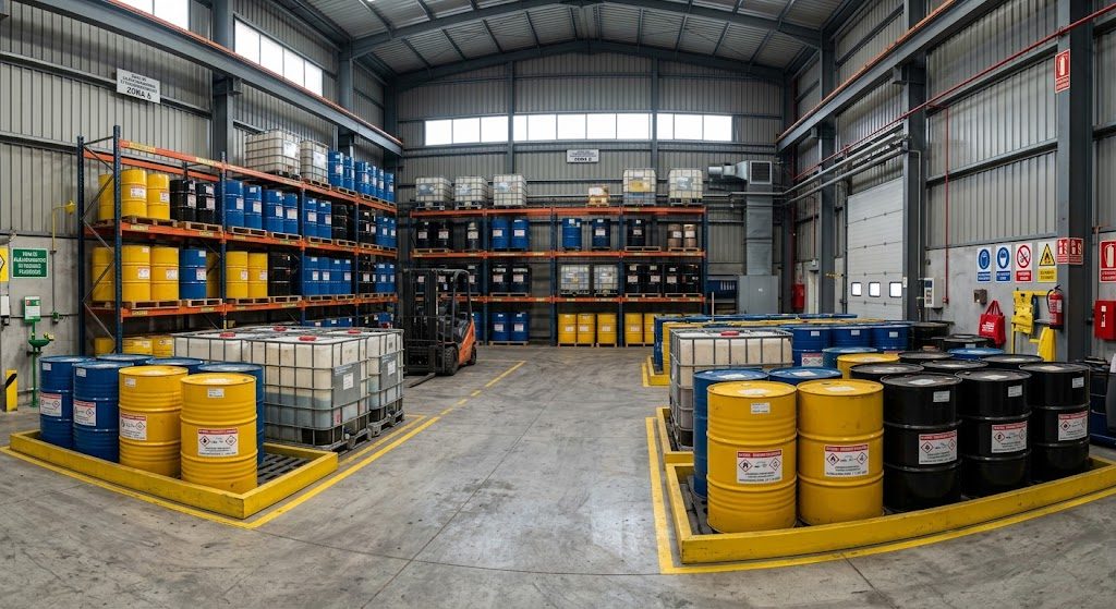Almacén de residuos peligrosos con bidones etiquetados sobre cubetos de retención